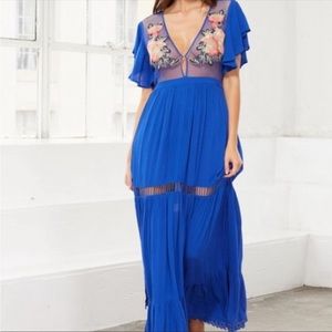 Blue Embroidered V-Neck Maxi Dress